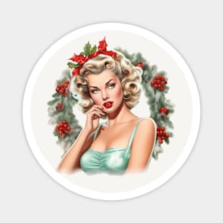 Vintage Christmas Wreath Blonde Pinup Magnet